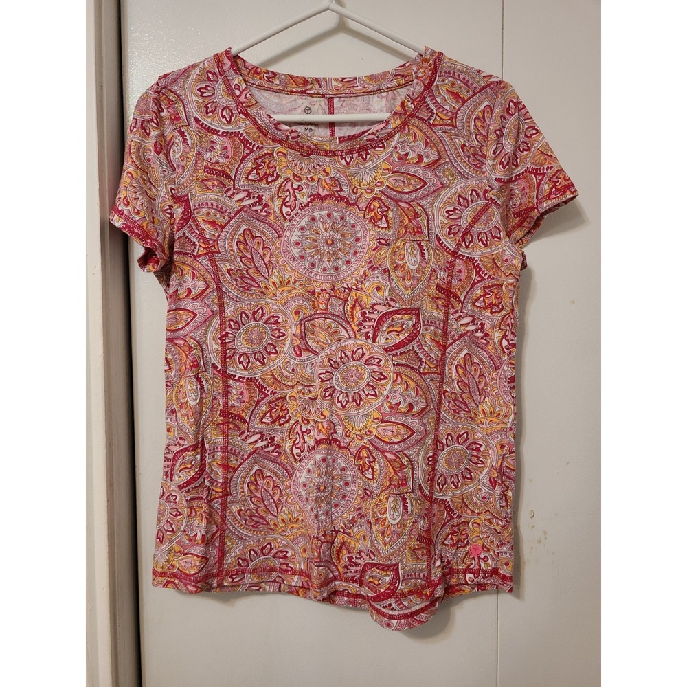 Talbots Short-sleeve Tee Vibrant Paisley Pattern Pink Orange Tones. Size MP